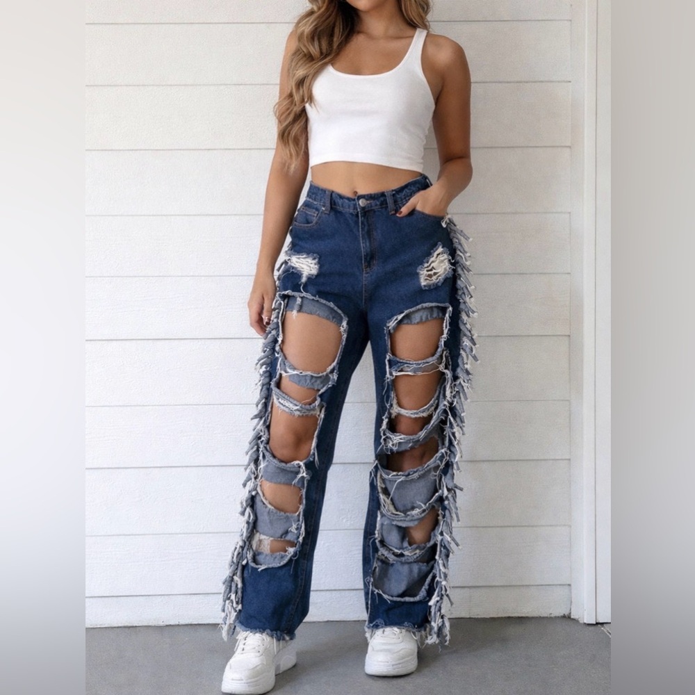 SHEIN XL Ultra Distressed Fringe Cutout Jeans | Y2K Grunge Festival  Denim